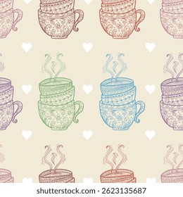 Seamless pattern with coffee cups and hearts. Vector illustration.