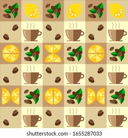 Seamless pattern of coffee cups, leaves, coffee beans, lemons and its slices on a checkered background .Vector graphic.