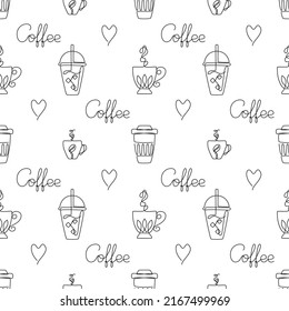 Seamless pattern with coffee cups, lettering, coffee to go. Hot drinks icons, clear plastic and paper cups. Great for print, background, wallpaper, wrapping. Sketch, line art. Vector illustration