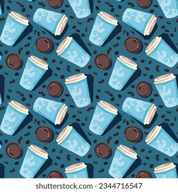 Seamless pattern with coffee cups in light blue color and beans in dark blue background for textile or object prints	