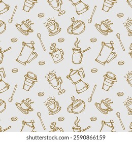 seamless pattern with coffee cups, saucers and coffee pot. Coffee beans and coffee utensils.