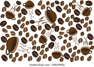 Seamless pattern of coffee cups with steamed and grains on a white background