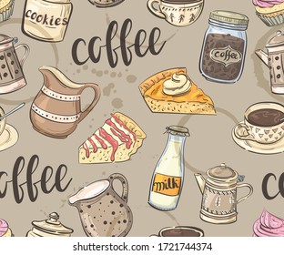 Seamless pattern with coffee cups, teapots, sweets and coffee stains