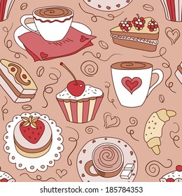 Seamless pattern with coffee cups. Vector sketching background.