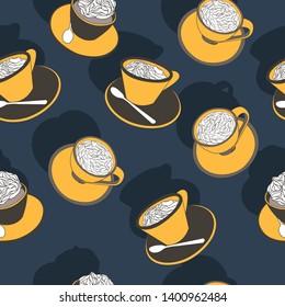 Seamless pattern coffee cups with whipped cream.