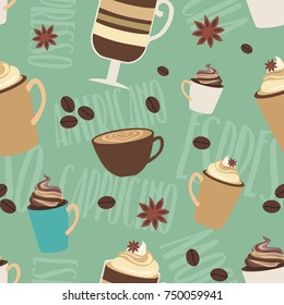 Seamless pattern with coffee. Cute templates for flyers, banners, invitations, restaurant or cafe menu design. Vector Illustration