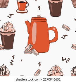 seamless pattern with coffee, dessert, cups and coffee pot on a white background 