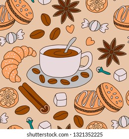 Seamless pattern coffee and desserts. Doodle style. Vector illustration.