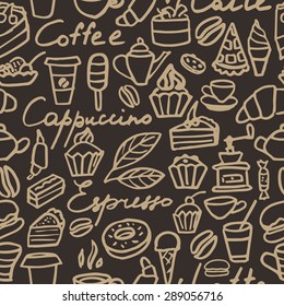 Seamless pattern with coffee and desserts. Hand drawing. Vector illustration