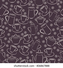 seamless pattern coffee and dinner service, a sketch on a dark background