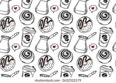 Seamless pattern. Coffee doodle style, different handwritten words with cup of coffee, croissants, donuts. Hand drawn vector illustration of sweets and drinks.