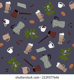 Seamless pattern with coffee drinks, barista tools, coffee beans