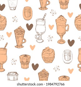 Seamless pattern coffee drinks and desserts. Vector illustration.