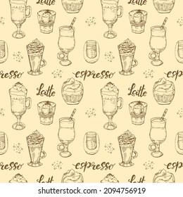 Nahtlose Muster Kaffee Getränke und Desserts. Vektorgrafik.