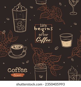seamless pattern with coffee elements. hand drawn vectors. 