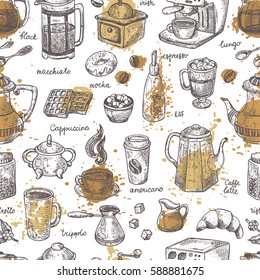 Seamless pattern with coffee elements. Hand drawn vector illustration. Maker, cup, pot, mug, donut, croissant, grinder, sugar, mill. Can be used for wrapping paper, menu, bar, shop, cafe, restaurant.