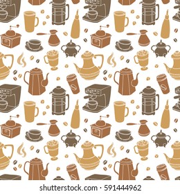 Seamless pattern with coffee elements. Hand drawn vector illustration. Maker, cup, pot, mug, donut, croissant, grinder, sugar, mill. Can be used for wrapping paper, menu, bar, shop, cafe, restaurant.