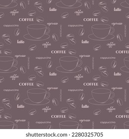 seamless pattern with coffee elements and letters. sketch style seems like chalk drawn on dark background