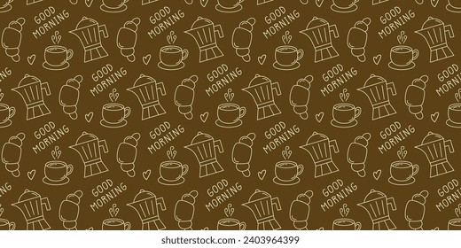 Seamless Pattern with Coffee Elements. Tea, Hot Beverage, Coffee Pot and Croissant Hand Drawn Doodle Backdrop. Cup of Coffee Background Drawing with Phrase Good Morning.