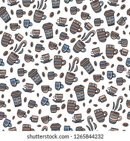 Seamless pattern with coffee. Endless background of cups with hot beverage in doodle style. Vector illustration.