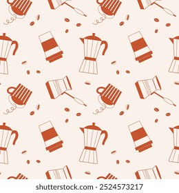 Seamless pattern with coffee equipment, cup with hot drink, Mocha Pot Italian espresso and takeaway coffee in glass. Repeating background with  espresso, beans, Turk and hot Americano for banner, card