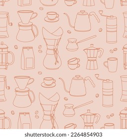 Seamless pattern of coffee equipment and tools for brewing coffee. Line art. Vector illustration for coffee shop, cafe, restaurant.