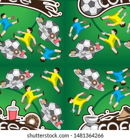 Seamless pattern. Coffee football. Football players lettering letters donut ball liquid Cup play. Vector illustration. eps 10