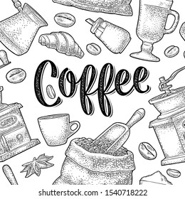 Seamless pattern coffee. Glass latte, sugar, beans, branch with leaf and berry, scoop, sack, grinder, cup. Vector vintage monochrome engraving illustration for poster, menu, banner. Isolated on white