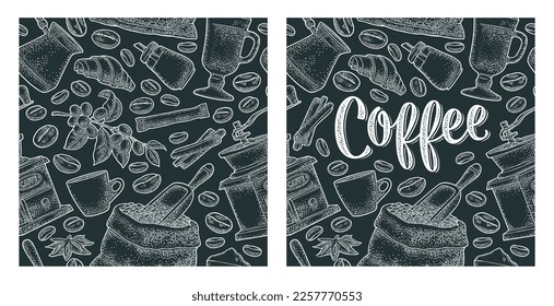 Café sin foco. lata de vidrio, azúcar, frijoles, rama con hojas y bayas, cuchara, saco, molino, taza. Ilustración de grabado monocromo vectorial para afiche, menú, banner.