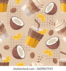Seamless pattern coffee glass with orange slice and half coconut on beige background. Vector illustration. Perfect for wrapping paper, wallpaper, textiles and decor.