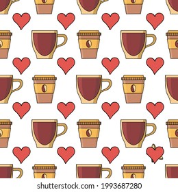 Seamless pattern, coffee glasses, hearts. Doodle style, hand drawing. Coffee lovers. For wallpaper, postcards, greetings, background, menu, cafe and shop decoration. Vector illustration