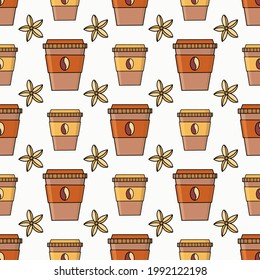 Seamless pattern, coffee glasses, coffee tree flowers. Doodle style, hand drawing. For wallpaper, postcards, greetings, background, menu, cafe and shop decoration. Vector illustration