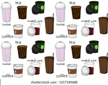 Seamless pattern of coffee to go paper cups hand drawn vector illustration. Hot drinks coffee take away concept for cafe on transparent background.