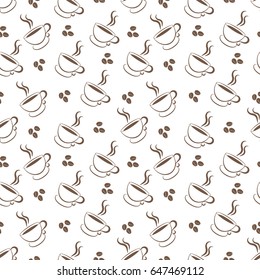 Seamless pattern of coffee in grains and a cup. Vector illustration