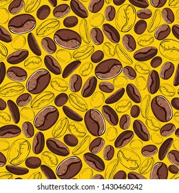 Seamless pattern of coffee grains isolated on a yellow background