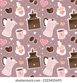Seamless pattern with coffee grinder, coffee beans, cup and hearts