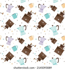 Seamless pattern with coffee grinders, cups and a geyser coffee maker on a white background vector. For fabrics and kitchen.