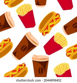 Seamless pattern of coffee, hot dog, French fries on a white background.The vector pattern can be used in fast food designs,textiles.
