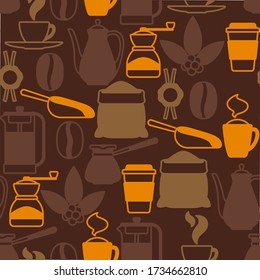 Seamless pattern with coffee icons. Food illustration of beverage items. Background for coffee shop, bar and cafe.