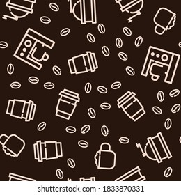 Seamless pattern with coffee icons. Six outline items on brown background.