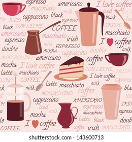 Seamless pattern with coffee items and colorful text