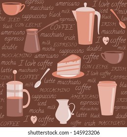 Seamless pattern with coffee items and text