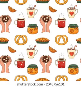 Seamless pattern with coffee, jam, cake, pretzel. Hands holding a cup of cocoa with marshmallows. Food, hot drinks, cozy autumn. Backdrop with colored doodle elements. Colorful vector pattern