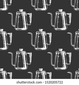 Seamless pattern with coffee kettle in vintage engraved style on black background. 
