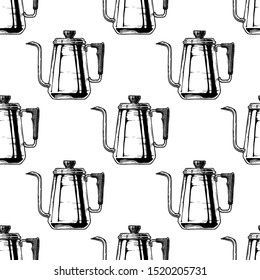 Seamless pattern with coffee kettle in vintage engraved style on white background. 