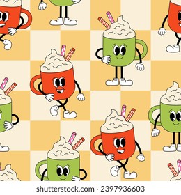 Nahtlose Muster mit Kaffee-Latte-Drinks. Rutsche Retro-Zeichen. Weihnachtsvektorhintergrund