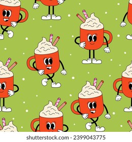 Seamless pattern with coffee latte drinks. Cute retro characters. Christmas vector background.
