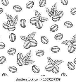 Seamless pattern with coffee with leaves and beans. Coffee grains in graphic style hand drawn. Vector illustration.