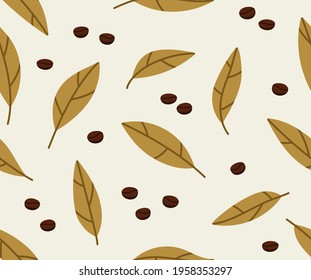 Patrón sin foco de hojas de café y granos de café, aislados en beige. Ilustración dibujada a mano en colores cálidos brillantes. Adecuado para cafés, cafeterías y tiendas.