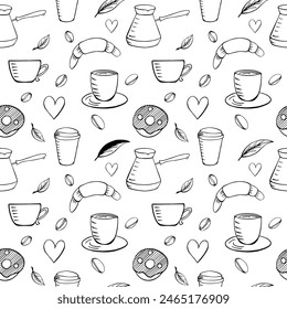 Patrón inconsútil, café, café, hojas, granos, corazón, cruasán. Estilo Doodle, dibujo a mano. Para el Fondo de pantalla, postales, saludos, fondo, menú, cafetería y decoración de la tienda. Ilustración vectorial